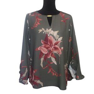 DG2 Floral Print Keyhole Ruffle Sleeve Blouse in Moss - Size S - New